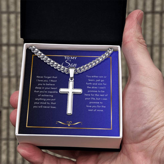 To My Son Never Forget | Steel Cross Necklace on Cuban Chain