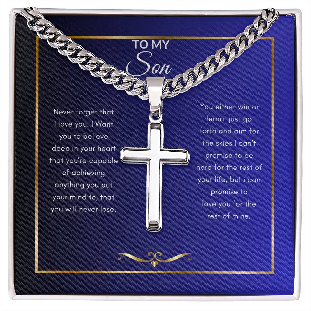 To My Son Never Forget | Steel Cross Necklace on Cuban Chain