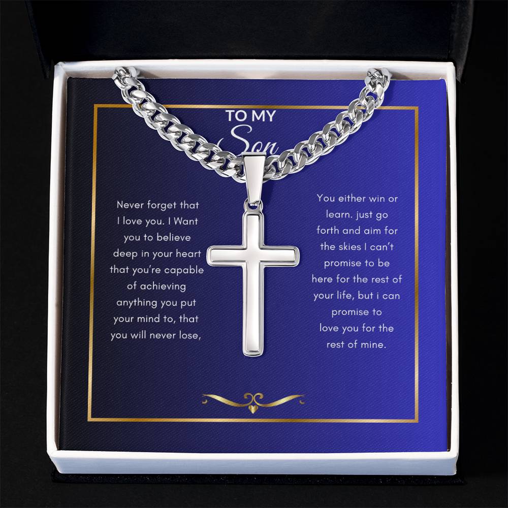 To My Son Never Forget | Steel Cross Necklace on Cuban Chain