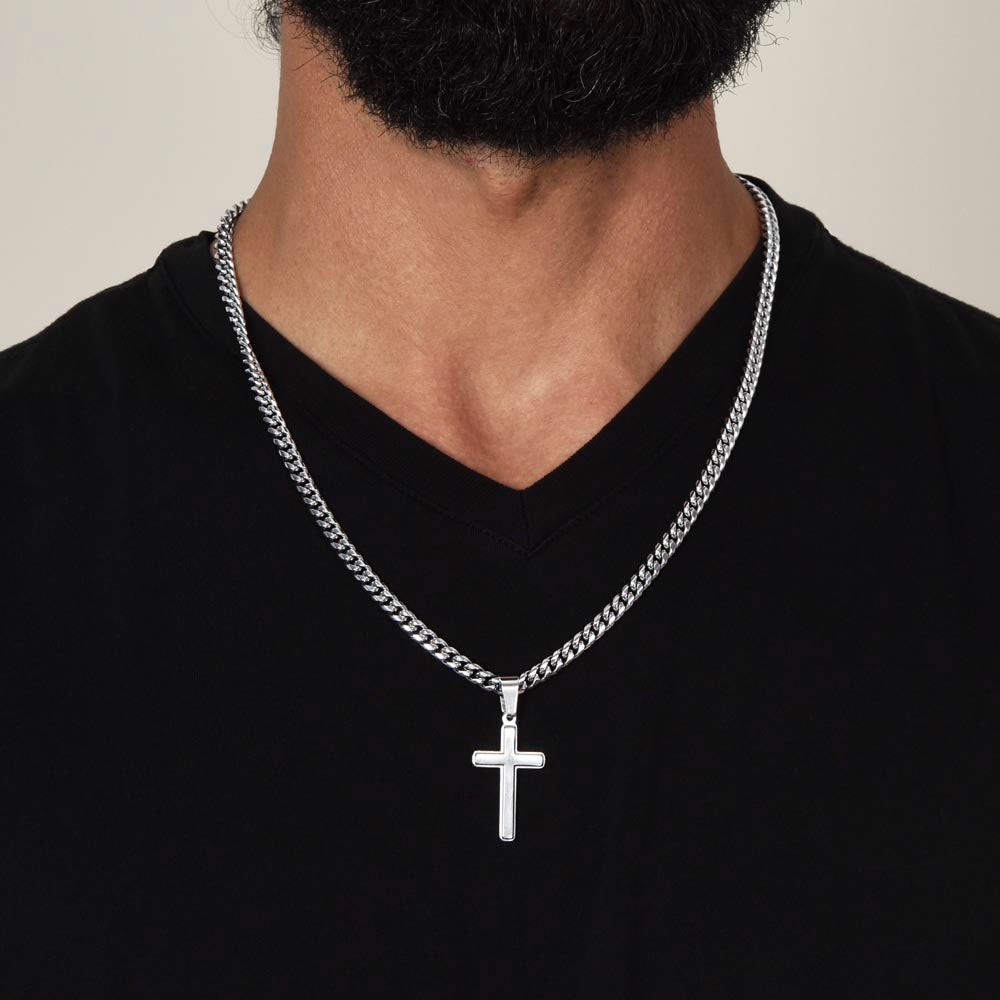 To My Son Never Forget | Steel Cross Necklace on Cuban Chain