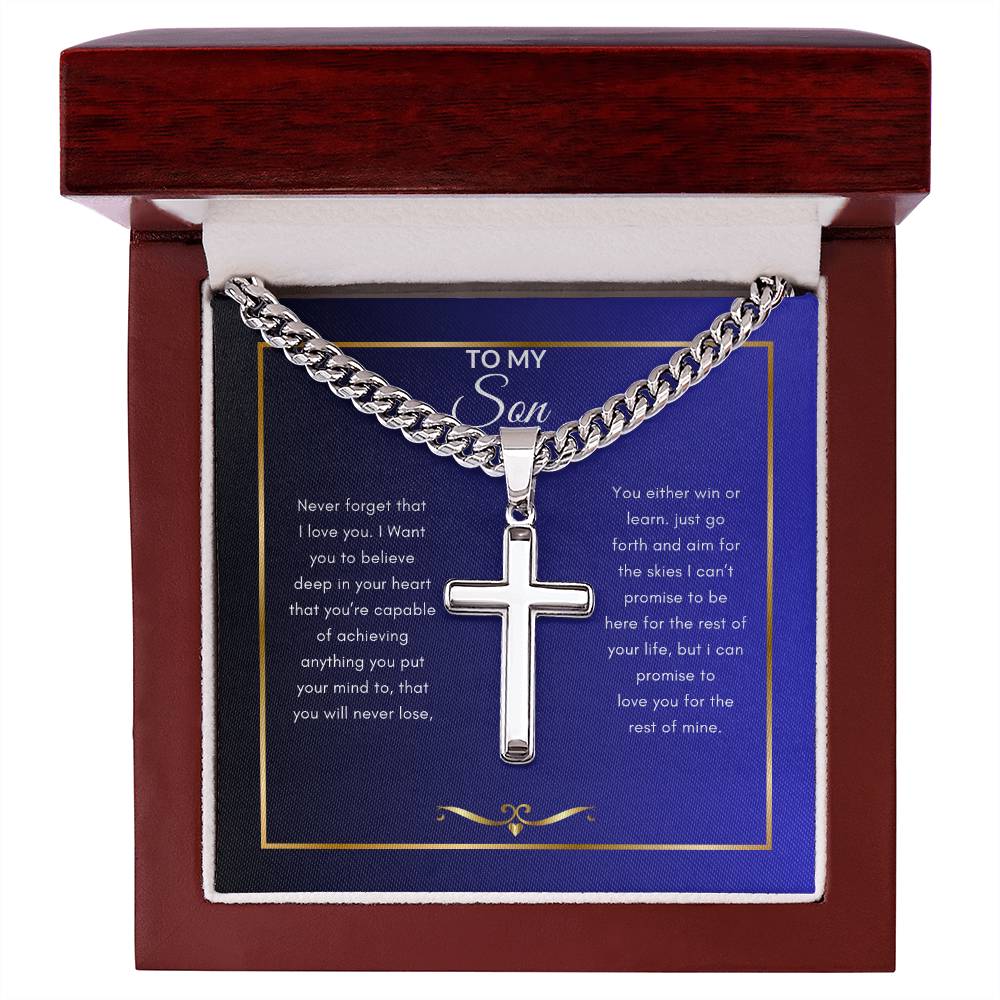 To My Son Never Forget | Steel Cross Necklace on Cuban Chain